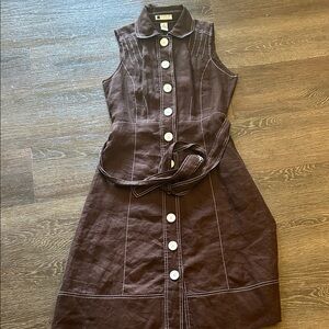 Carole Little Linen Brown Button-Front Midi Dress